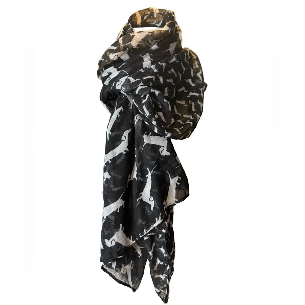 Daschound Print Scarf Long Black White